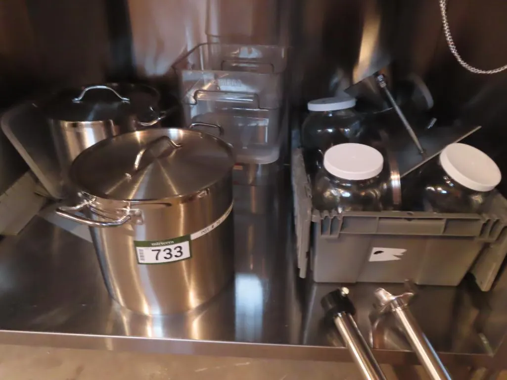 Lot - (2) Stock Pots, (2) Plastic Bins, Box of Jars *Located at Spruce Grove location.