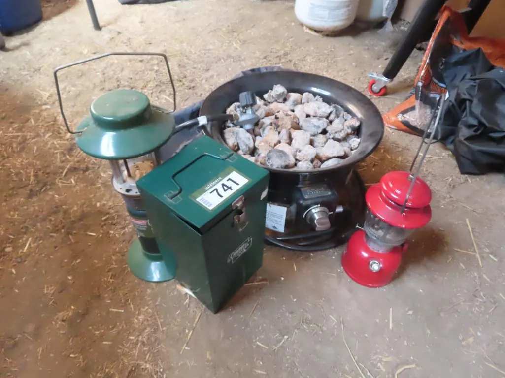 Lot - (2) Lanterns, Outland Outbound Propane Firebowl, (1 has cracked glass on lantern) *Located at Spruce Grove location.
