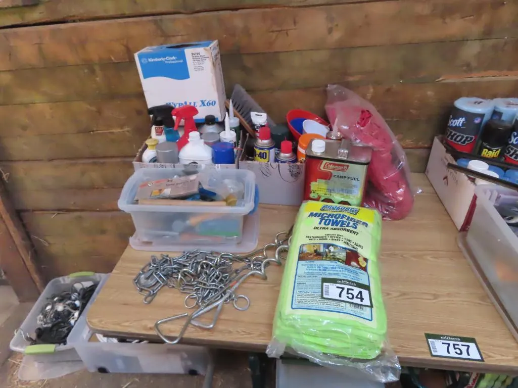 Lot - (2) Dog Tie Outs, Assorted Fluids, Camp Fuel, etc. *Located at Spruce Grove location.