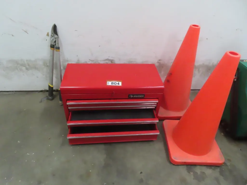 Lot - Husky Tool Box, (2) Traffic Cones, Trimming Tool *Located at 4831 93 Ave, Edm.