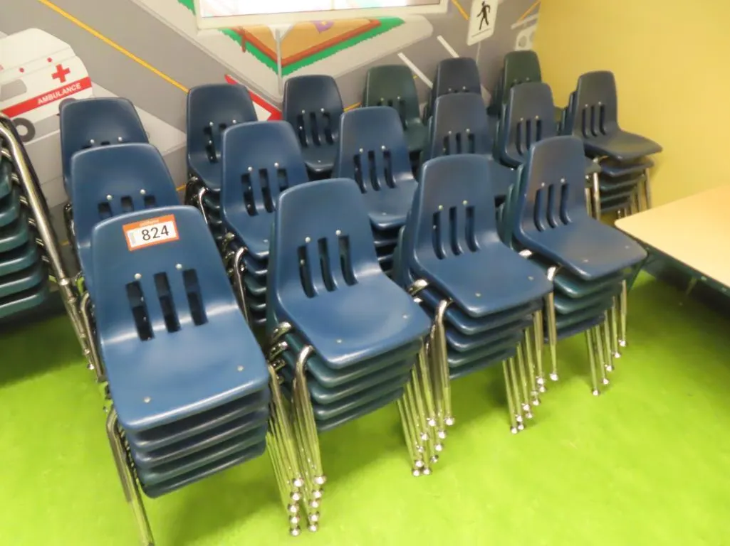 Lot - (80) Kids Metal/Plastic, Blue, Chairs *Located at 4831 93 Ave, Edm.