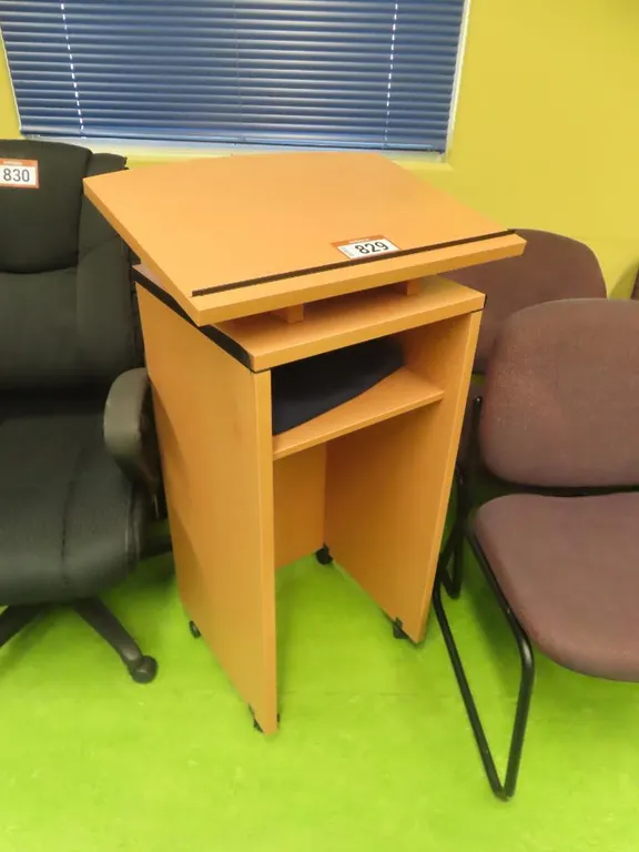 Portable Blonde Wooden Wheeled Podium *Located at 4831 93 Ave, Edm.