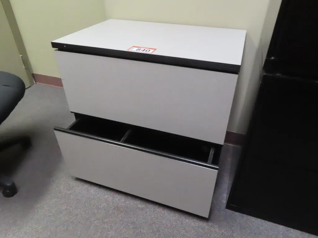 2 Drawer Lateral Wood Filing Cabinet - Grey *Located at 4831 93 Ave, Edm.