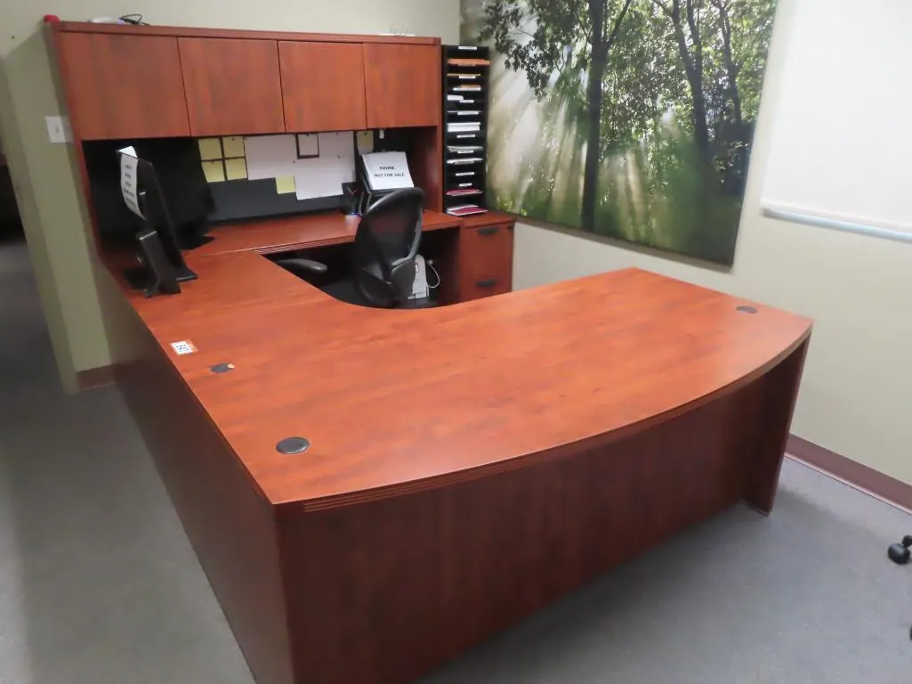 Lot - Cherry U Shaped Workstation, Hutch, 2 Drawer Filing Cabinet, Paper Organizer *Located at 4831 93 Ave, Edm.