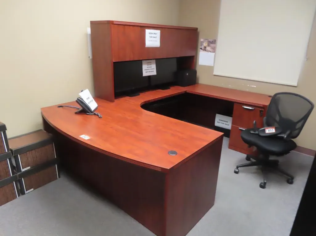 Lot - U Shaped Cherry Color Workstation, Hutch, 2 Drawer Filing Cabinet *Located at 4831 93 Ave, Edm.