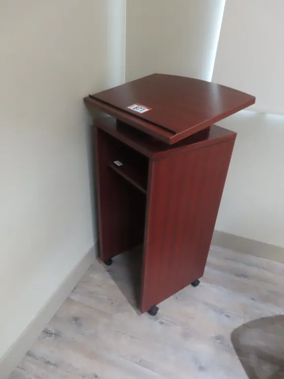 Portable Cherry Wooden Wheeled Podium *Located at 4831 93 Ave, Edm.