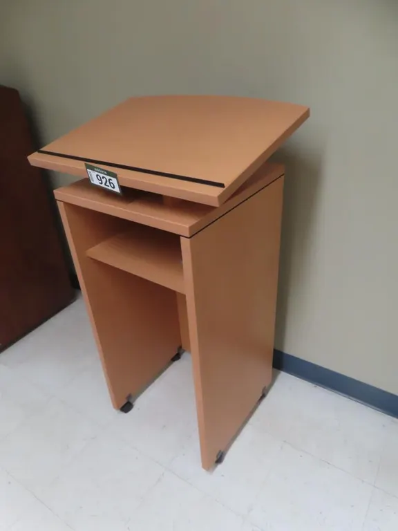 Portable Blonde Wooden Wheeled Podium *Located at 4831 93 Ave, Edm.