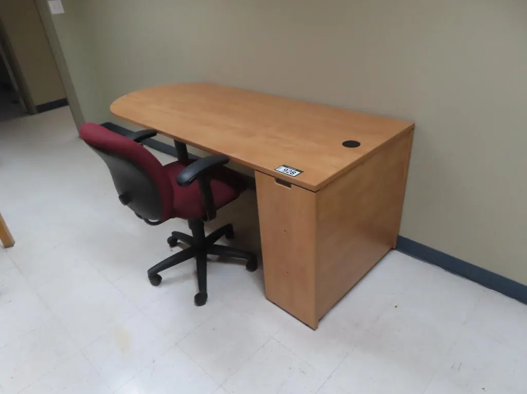 Lot - Blonde Bullet Table and Red Arm Chair *Located at 4831 93 Ave, Edm.