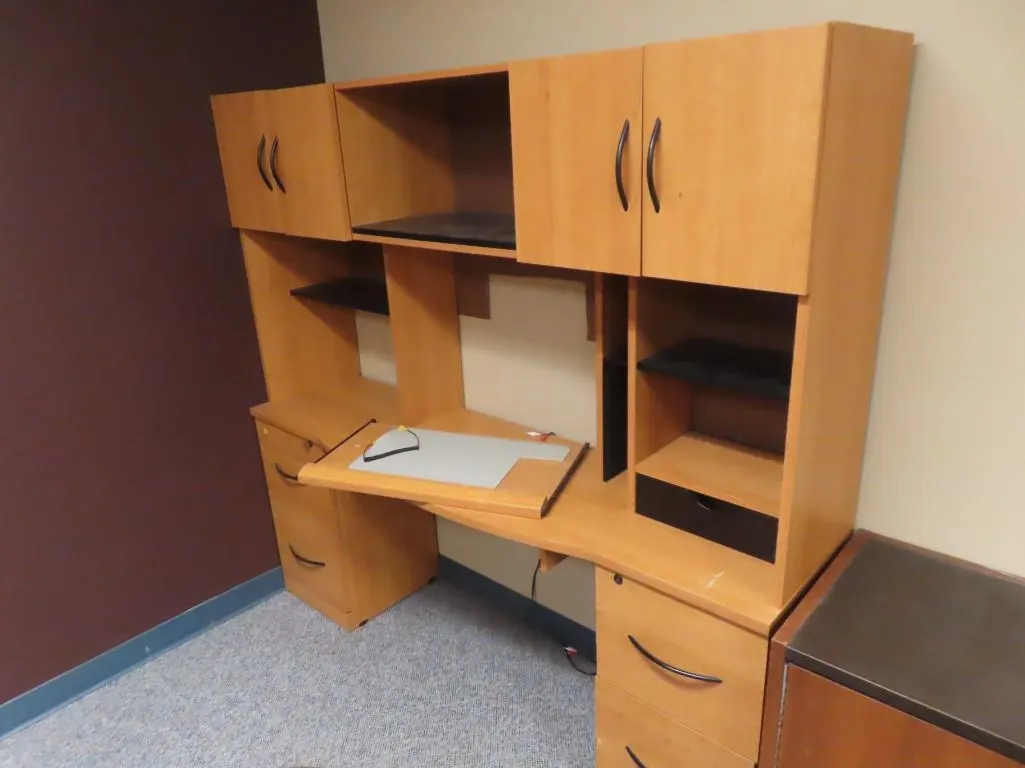 Lot - Blonde Double Pedestal Desk w/ Hutch, Bullet Table, 2 Door Cabinet, 2 Drawer Lateral Filing Cabinet, Wall Hutch *Located at 4831 93 Ave, Edm.