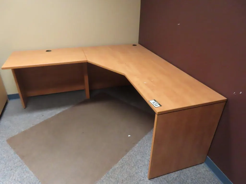 Lot - Blonde L Shaped Workstation, Blonde Bullet Table, Blonde 2 Door Cabinet *Located at 4831 93 Ave, Edm.