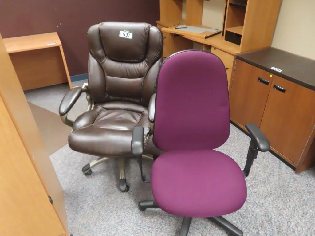 Lot - Brown High Back Leather Look Executive Chair, Purple Fabric Task Chair *Located at 4831 93 Ave, Edm.