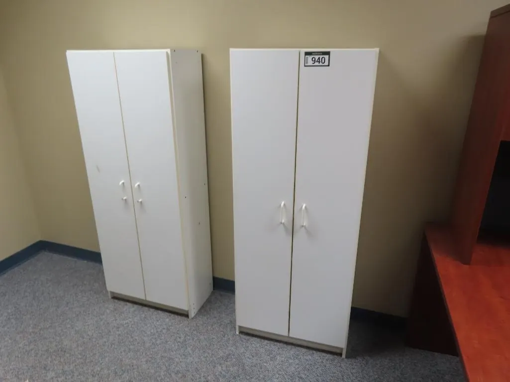 Lot - (2) White 2 Door Cabinets, Brown 2 Drawer Lateral Filing Cabinet *Located at 4831 93 Ave, Edm.