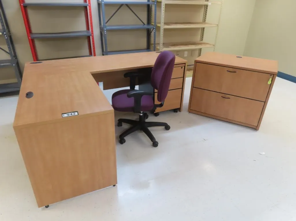 Lot - Blonde L Shaped Workstation, Blonde 2 Drawer Lateral Filing Cabinet, Purple Fabric Task Chair *Located at 4831 93 Ave, Edm.