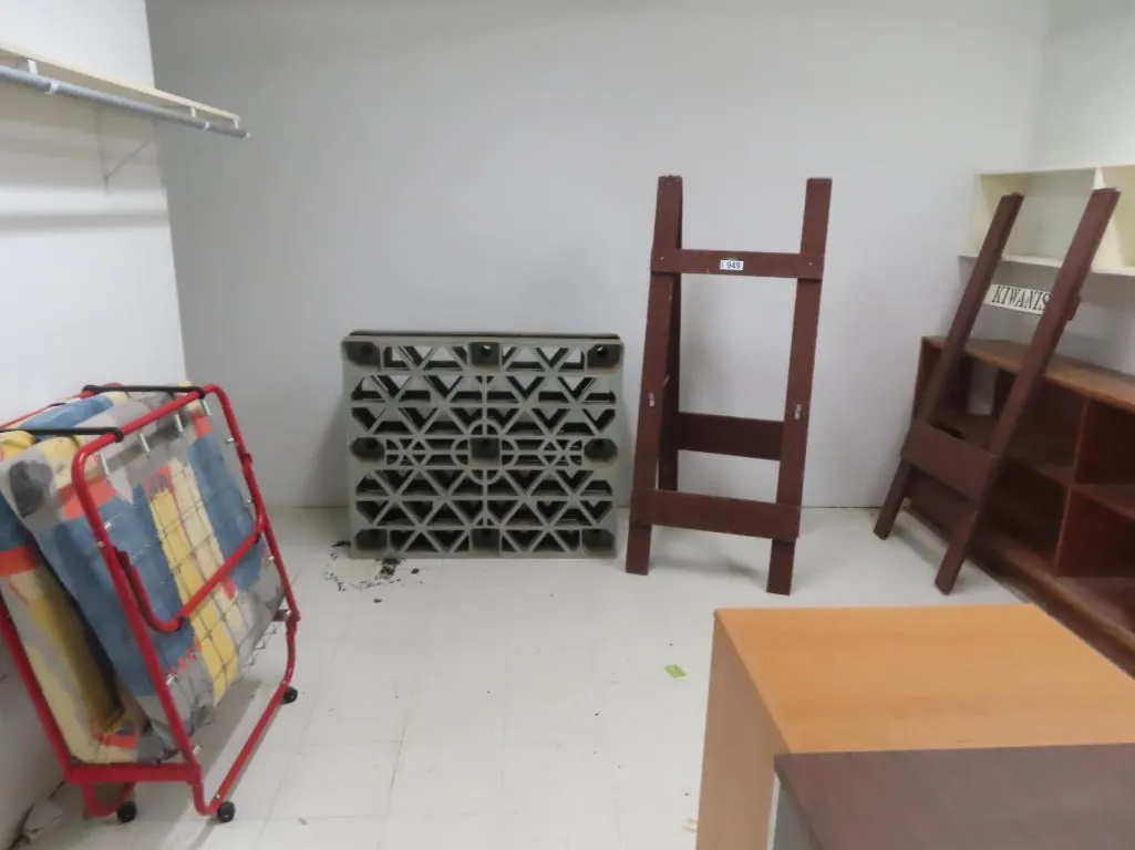Lot - Plastic Pallets, Folding Cot, (2) A Frame Stands *Located at 4831 93 Ave, Edm.