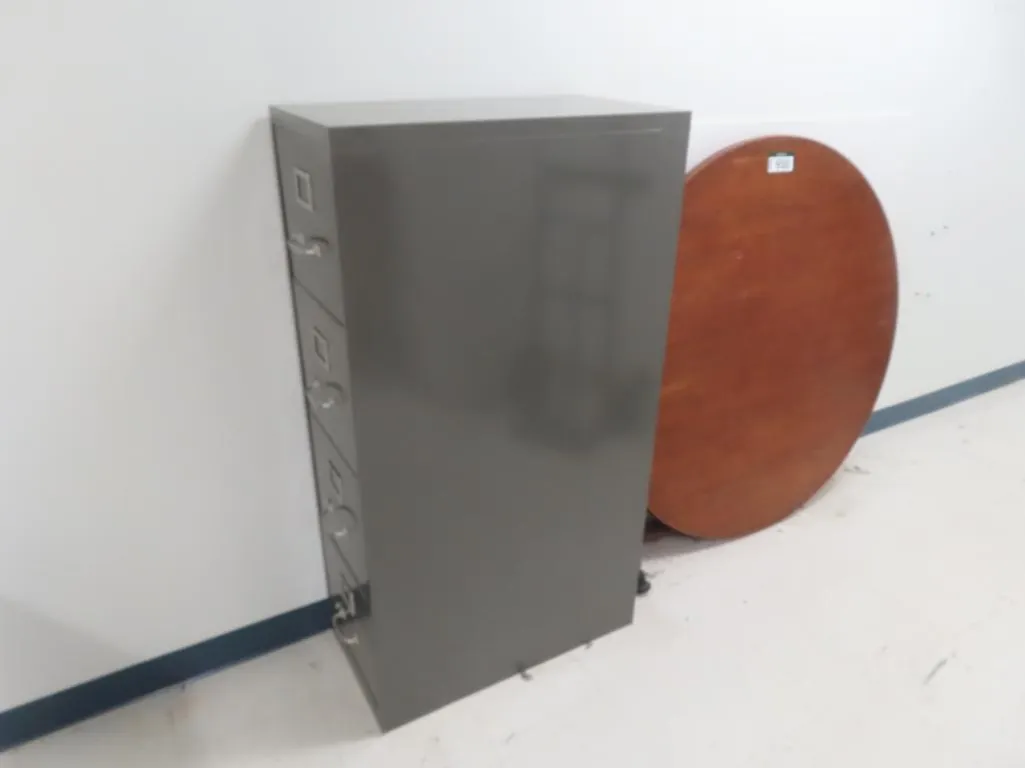 Lot - Grey 4 Drawer Horizontal Filing Cabinet, Brown Table Top *Located at 4831 93 Ave, Edm.