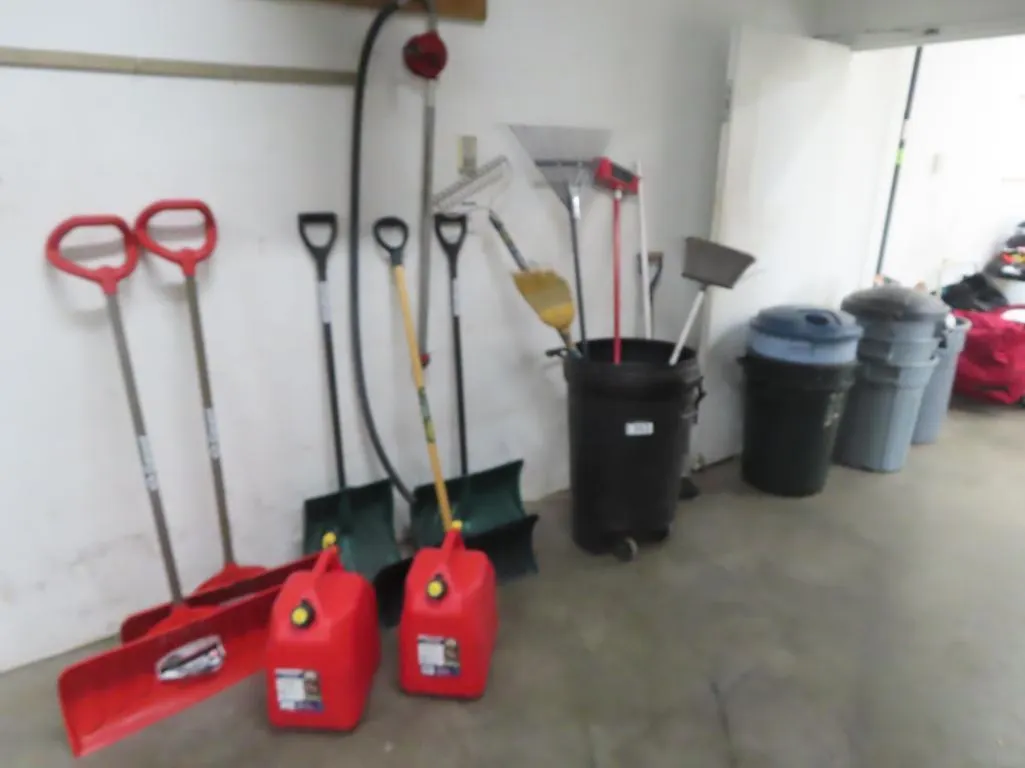 Lot - Assorted Shovels, Gas Cans, Garbage Cans, Brooms *Located at 4831 93 Ave, Edm.
