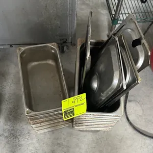 1/3-size stainless steel insert pans. Features stainless steel construction. Includes matching stainless steel lids.