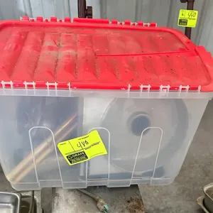 Plastic storage tote with assorted pans and smallwares. Features a clear plastic container with a red hinged lid.