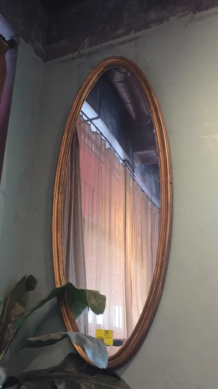 Oval wall mirror. Features a molded polyurethane frame with a gold-tone finish. 7'H. Wall-mounted design. Plant not included.