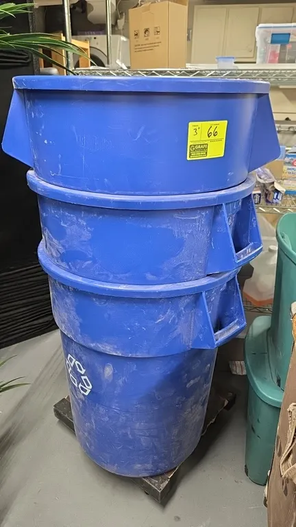 44-gallon poly recycling bins. Features blue plastic construction, molded side handles, and recycling logo imprint. Includes 4-wheel platform dolly.