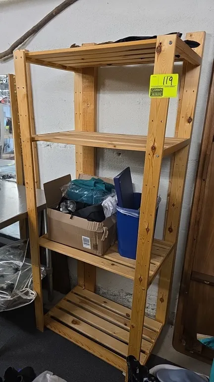 Wood 4-tier shelving unit. Features slatted shelves and adjustable upright frame. 30"W x 20"D x 86"H. Contents not included.
