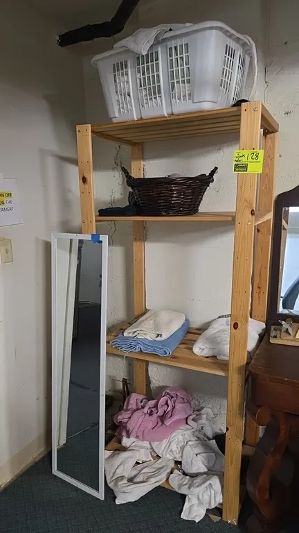 Wood 4-tier slatted shelving unit. Includes white framed mirror. 30" x 20" x 86". Contents not included.