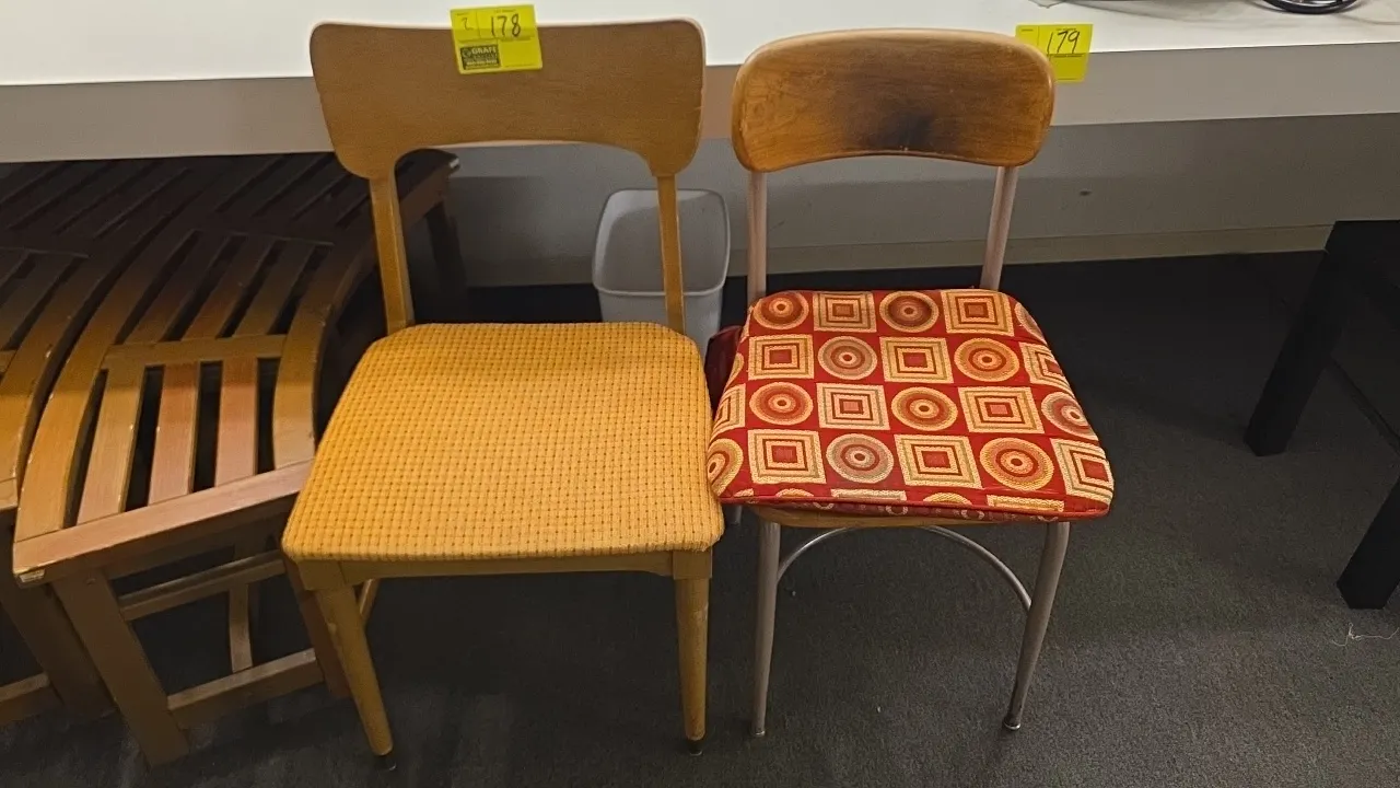 Wood and metal frame chairs. Includes (1) wood frame side chair with upholstered textured fabric seat and (1) tubular metal frame side chair with curv