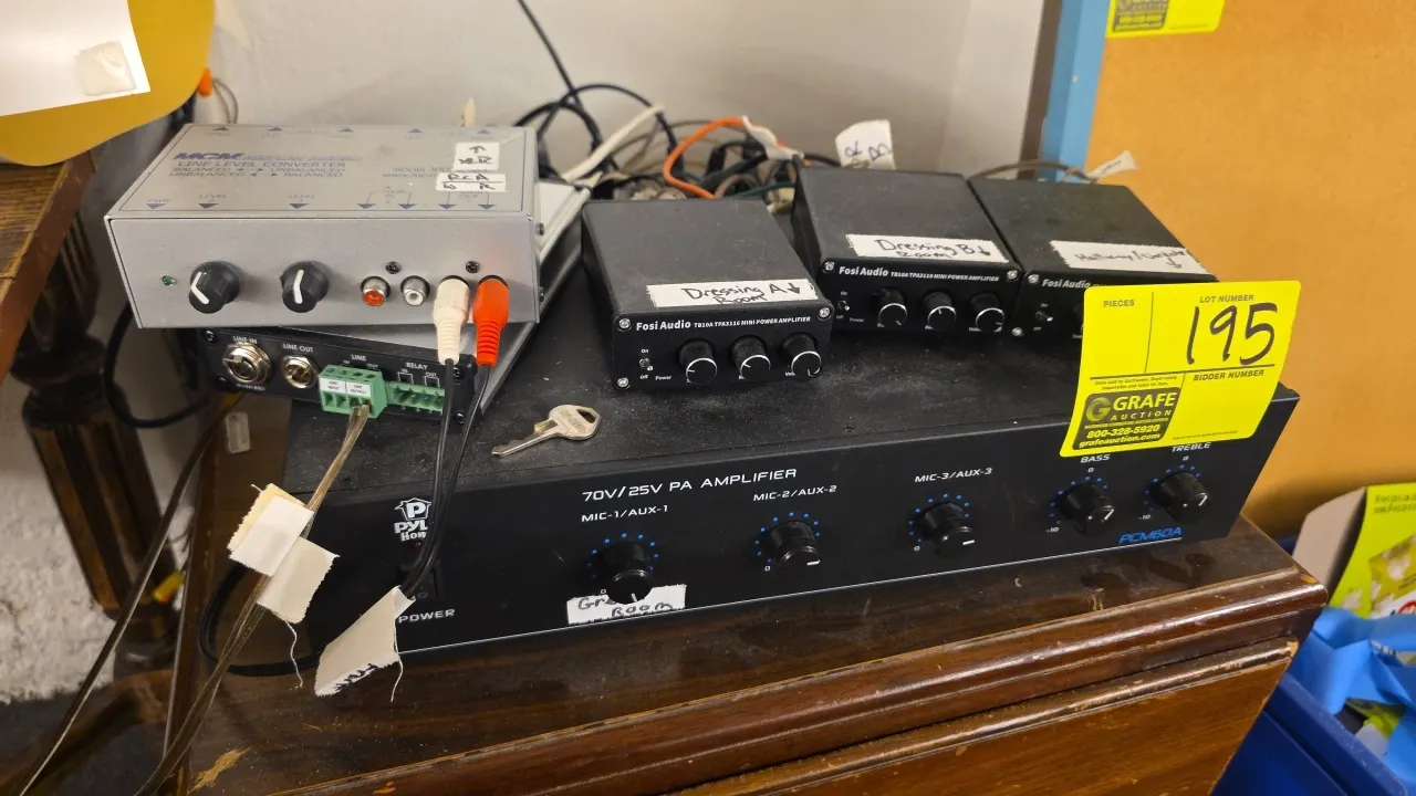 Pyle Home PCM60A 70V/25V PA amplifier and audio equipment lot. Includes Pyle Home PCM60A amplifier with MIC/AUX volume and tone controls, MCM Custom A
