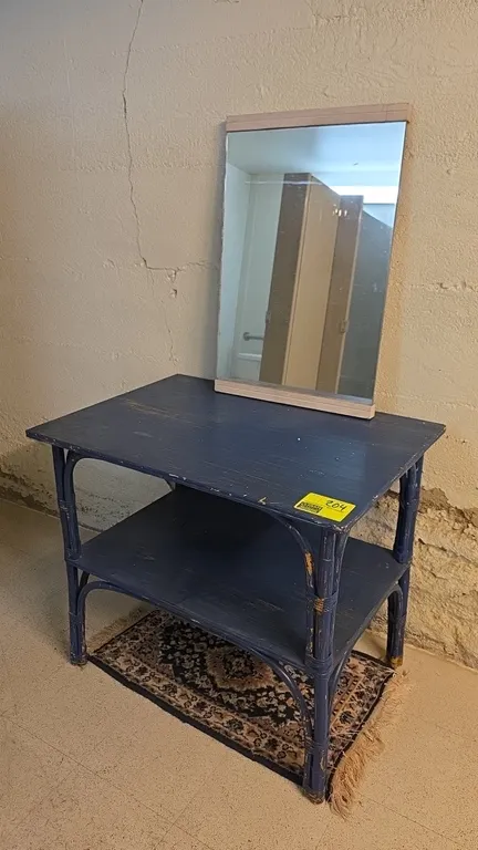 Wood table and mirror lot. Includes a 36" x 26" x 30" blue-painted wood 2-tier table with lower shelf and bentwood-style frame, along with a 20" x 30"