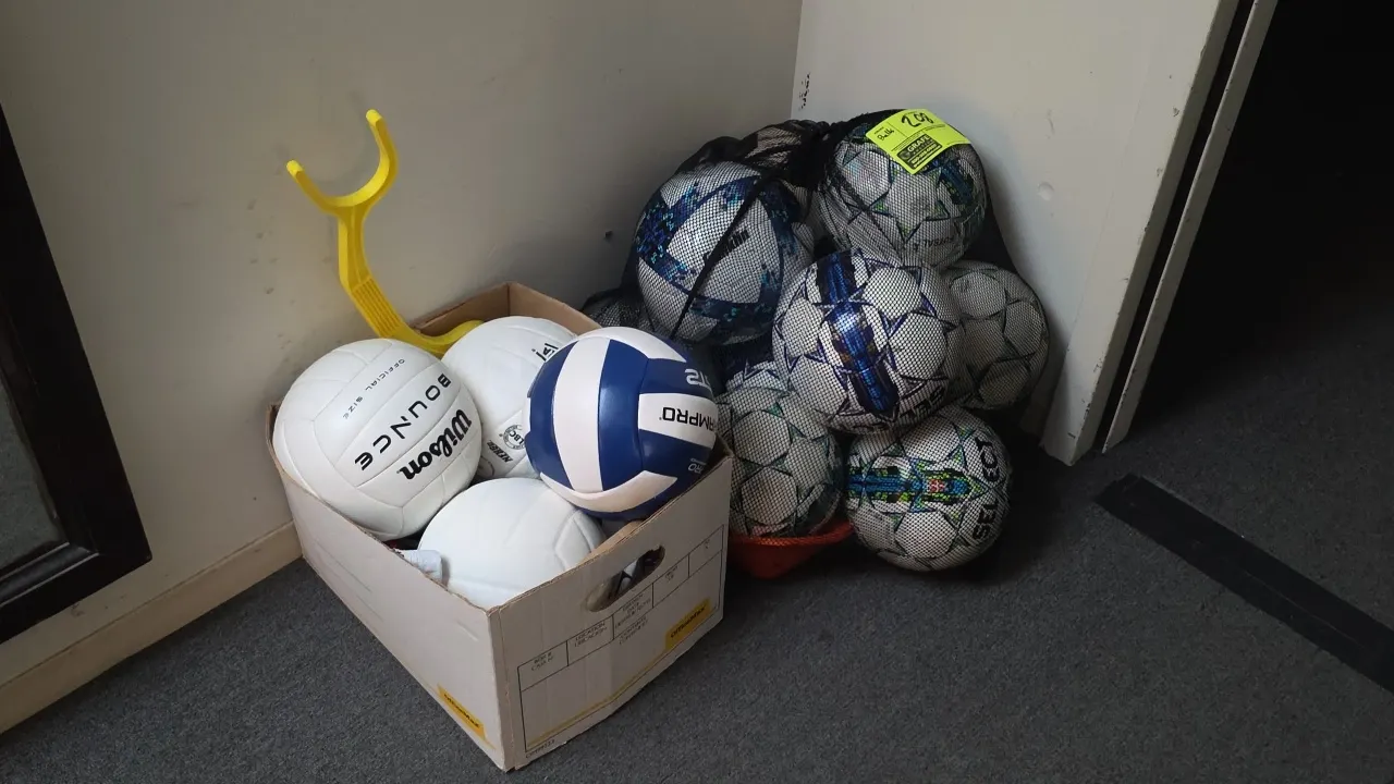 Assortment of soccer balls and volleyballs. Includes a mesh carrying bag containing assorted soccer balls (Select, Franklin) and a storage box contain