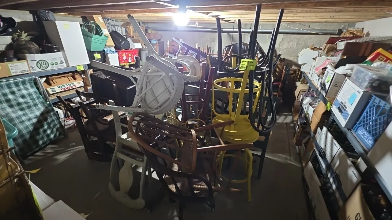 Assorted chairs and stools. Assortment includes dining chairs, barstools, armchairs, and side chairs constructed of wood, metal, wicker, and poly mate