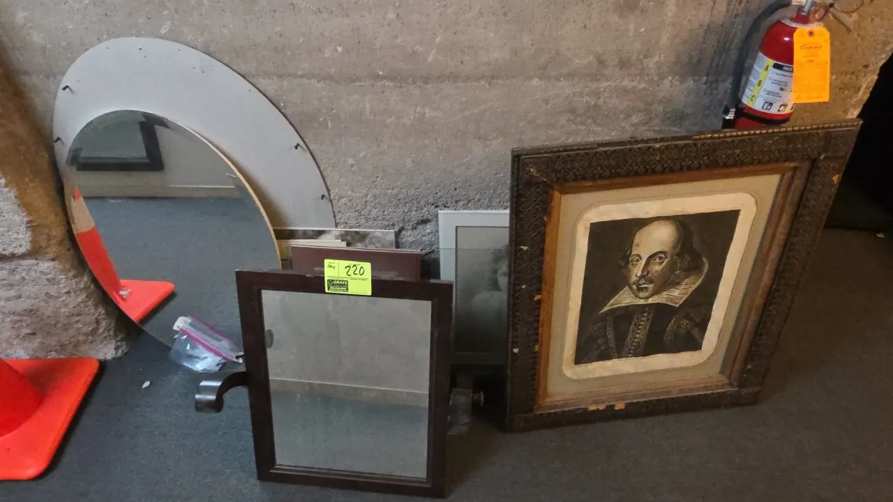 Assorted mirrors and wall art lot. Includes framed William Shakespeare portrait print in an ornate carved wood frame, vintage portrait photograph, dec