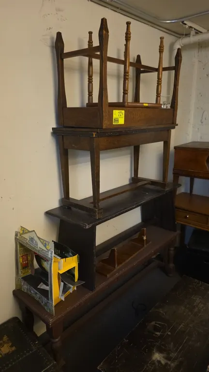 Assorted wood benches. Features various traditional styles and wood finishes, including piano-style and plank bench designs. Dimensions include 60"L,