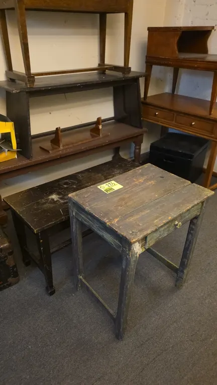 Wood desk and bench set. Includes a 21"L painted wood desk with single pull-out drawer and a 35"L dark stained wood bench with hinged lift-top storage
