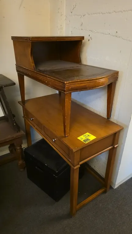 Wood desk, two-tier accent table, and cushioned storage stool set. Includes wood writing desk with single pull-out drawer with dual metal knobs, two-t
