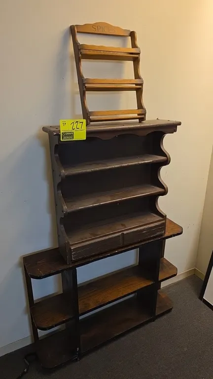 Assorted wood shelves. Includes a 3-tier hanging spice rack, a wall-mount shelf unit with scalloped trim, and an open multi-tier display shelf. Dimens