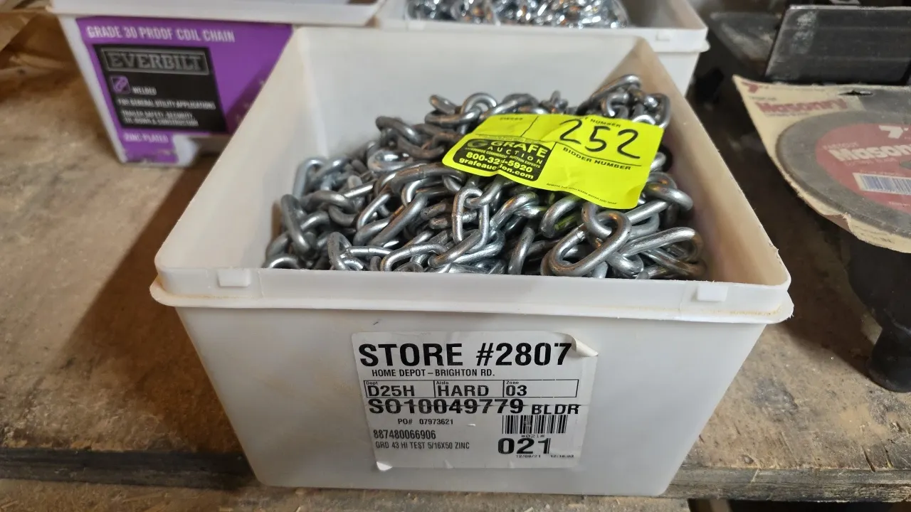 Grade 43 high-test zinc-plated steel chain in plastic storage bin. Chain size: 5/16" x 50'L.