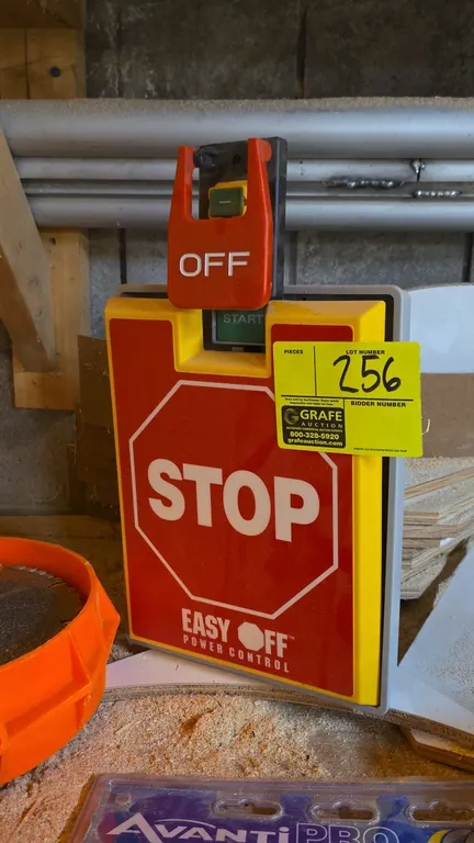 Easy Off Power Control start/stop safety switch station. Features large stop paddle, recessed start button, top lockout/tagout off flap, and lockable