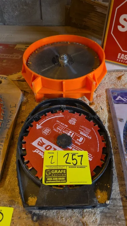 Freud and assorted circular saw and dado blade sets. Includes Freud Diablo DD208 8" 12-tooth stacked dado set in black storage caddy and circular saw