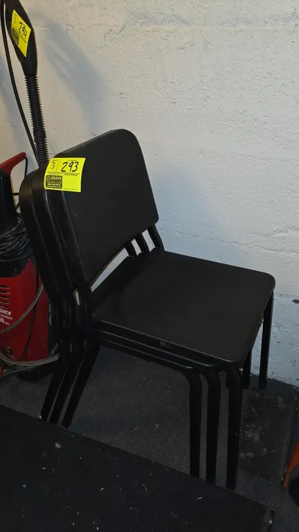 Polypropylene and metal frame stacking chairs. Features black molded plastic seat and backrest with a black tubular metal frame. Stackable design.