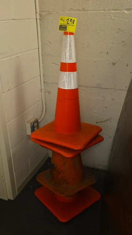 Assorted orange traffic safety cones. Features reflective collar banding and square molded bases.