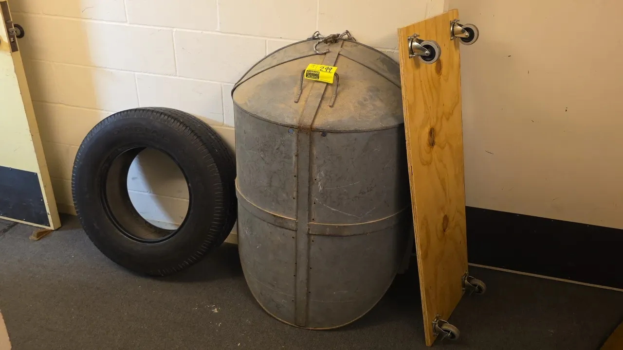 Assorted 3-piece lot. Includes a 30" x 45" galvanized metal container with hanging chain assembly, a 48"L wood platform dolly mounted on four swivel c