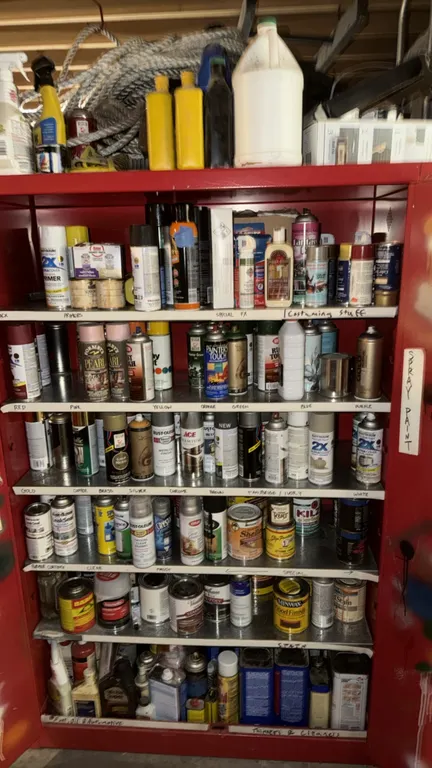 Assorted paints, adhesives, and flammable shop materials. Includes spray paint cans, brush-on paints, wood stains, primers, clear coats, thinners, cle