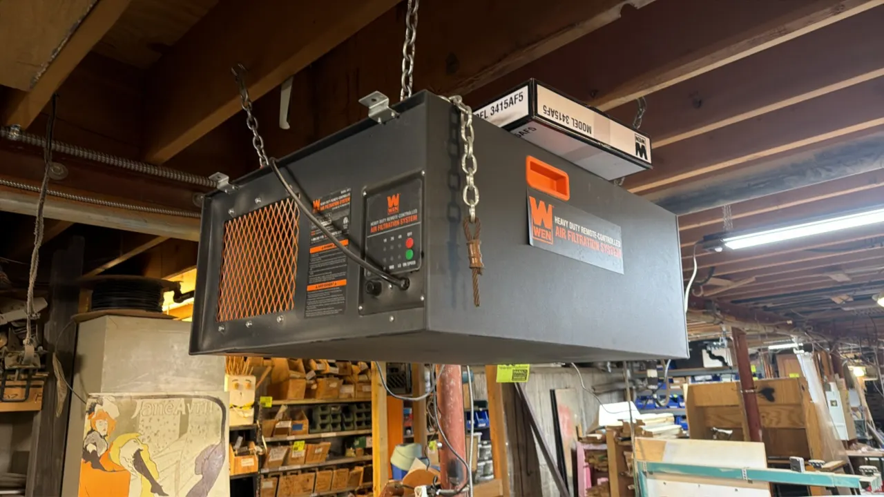 Wen 3417 ceiling mounted air filtration system. Features 3-speed settings, integrated timer controls (1H, 2H, 4H), intake filter, exhaust mesh guard,