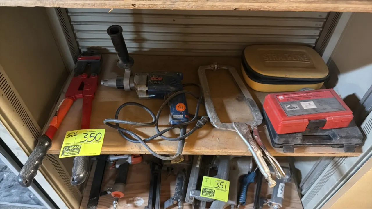Assorted power and hand tools. Includes bolt cutters, Ryobi corded electric drill with auxiliary side handle, locking C-clamp pliers, Gardner Bender K