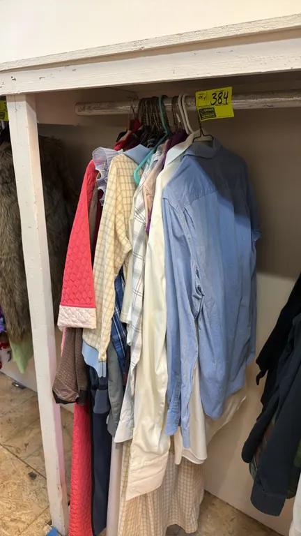 Assorted lot of hanging clothing and garments. Includes dresses, jackets, shirts, robes, and mixed apparel on hangers. Closet framing and surrounding