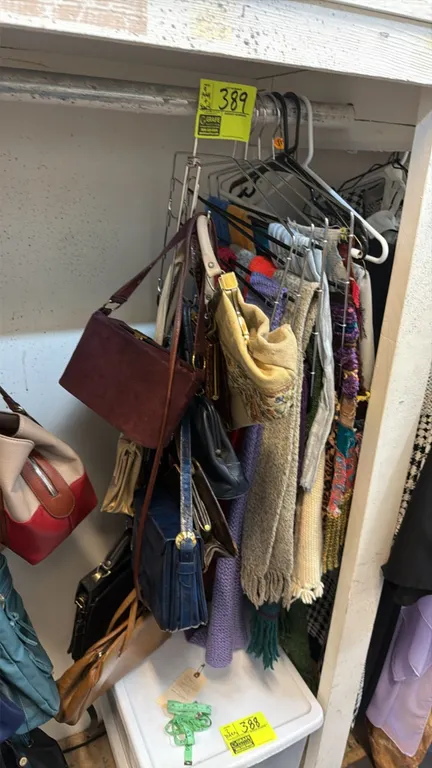Assorted purses, handbags, and scarves. Features a variety of styles, materials, and colors. Includes multi-tier metal hanging organizers. Other adjac