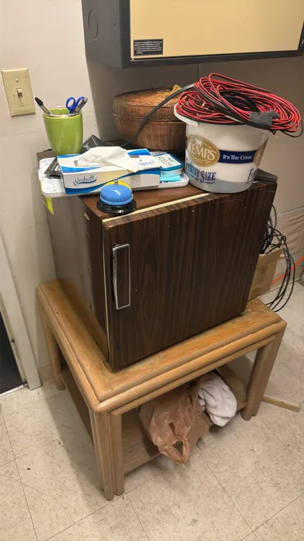Wood side table with compact mini refrigerator. Refrigerator features woodgrain-style finish and single swing door. Table includes lower storage shelf