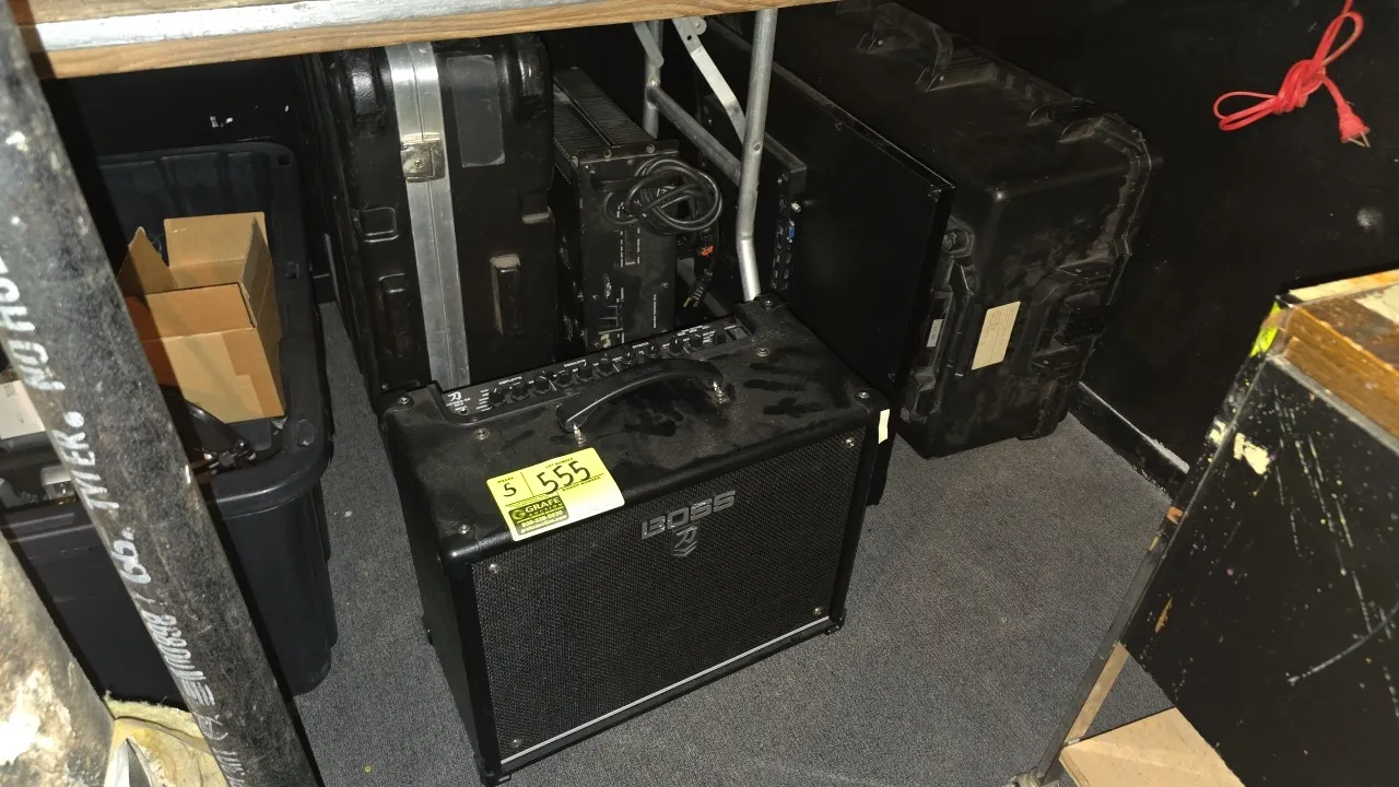 Audio and video equipment package. Includes Boss Katana-50 MkII (KTN-50 2) guitar amplifier, QSC Series Three dual monaural power amplifier, 32" Insig