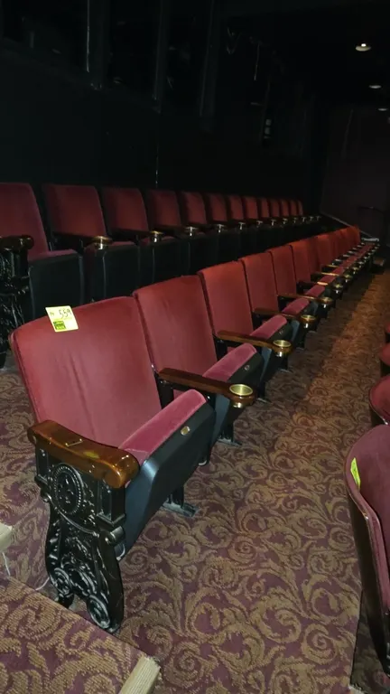 Theater seats. Features burgundy velvet cushioned upholstery, flip-up seats, wooden armrests with integrated cupholders, and ornate cast metal end sta